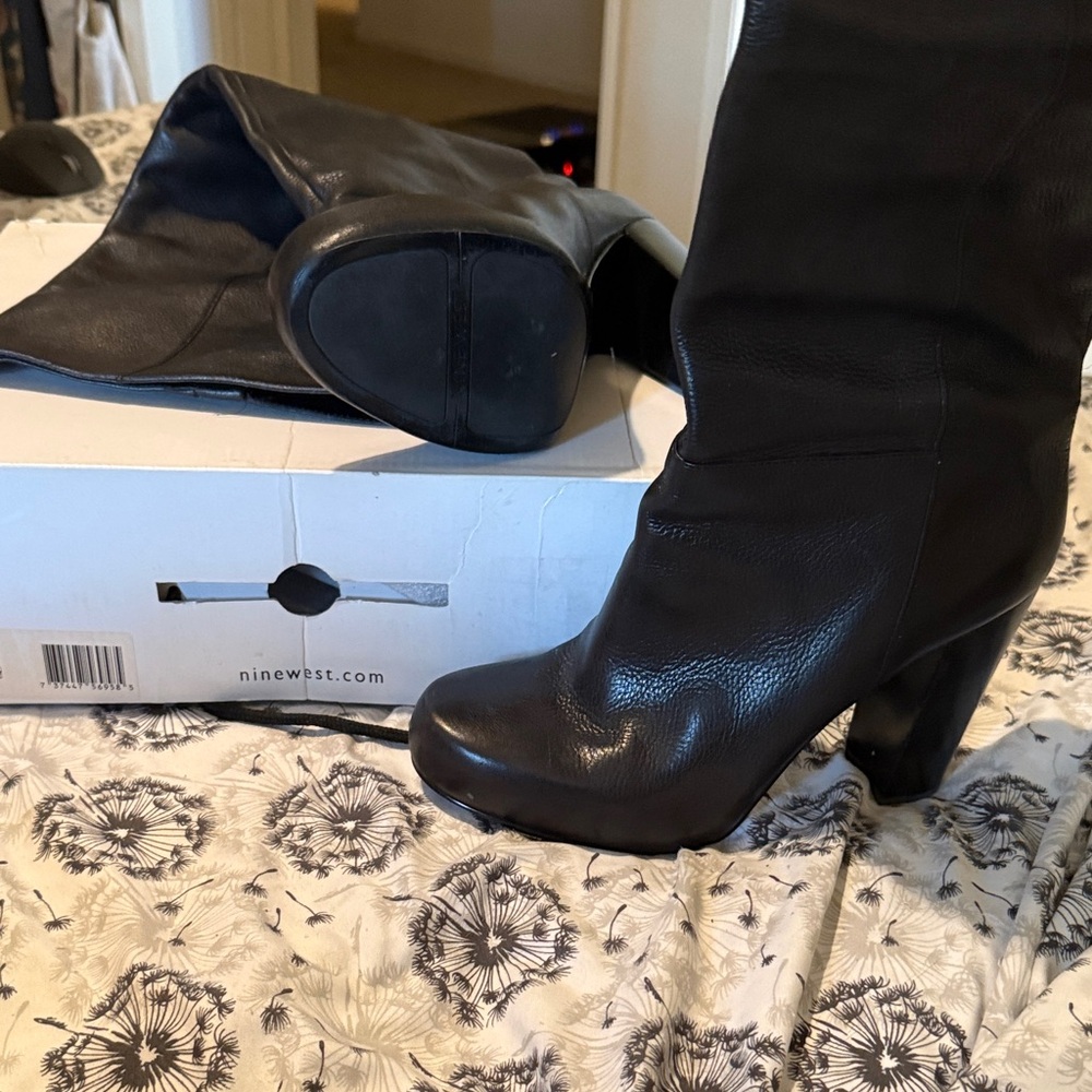 Nine West Black Leather Mid-Calf Block Heel Boots